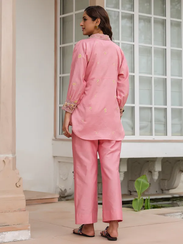 Pink silk tencel embroidery co-ord set