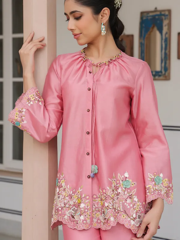 Pink silk tencel embroidery co-ord set for women