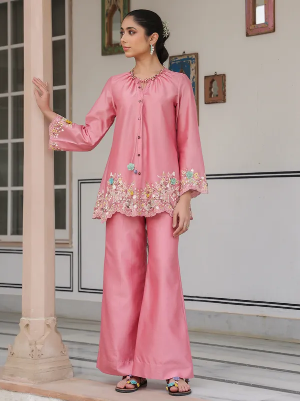 Pink silk tencel embroidery co-ord set for women