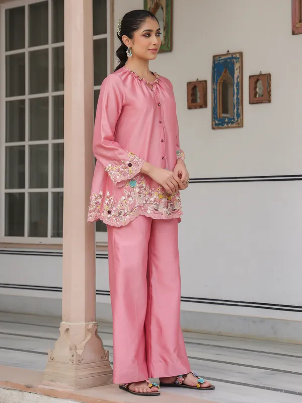 Pink silk tencel embroidery co-ord set for women