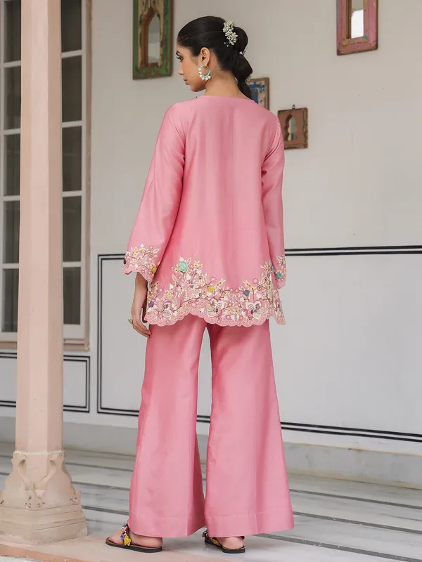 Pink silk tencel embroidery co-ord set for women