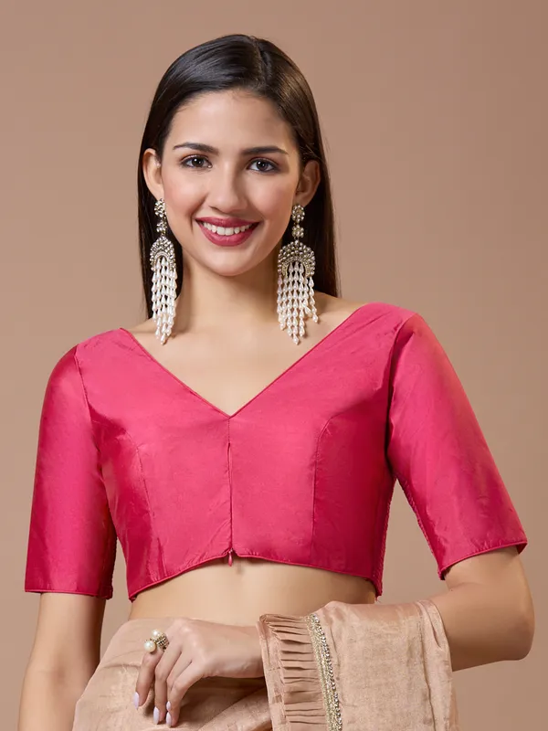 Pink silk V neck comfort fit ready made blouse
