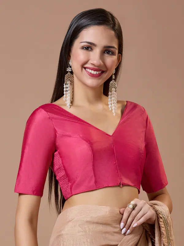Pink silk V neck comfort fit ready made blouse