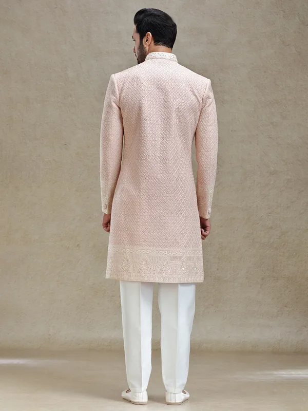 Pink silk wedding style long sherwani set