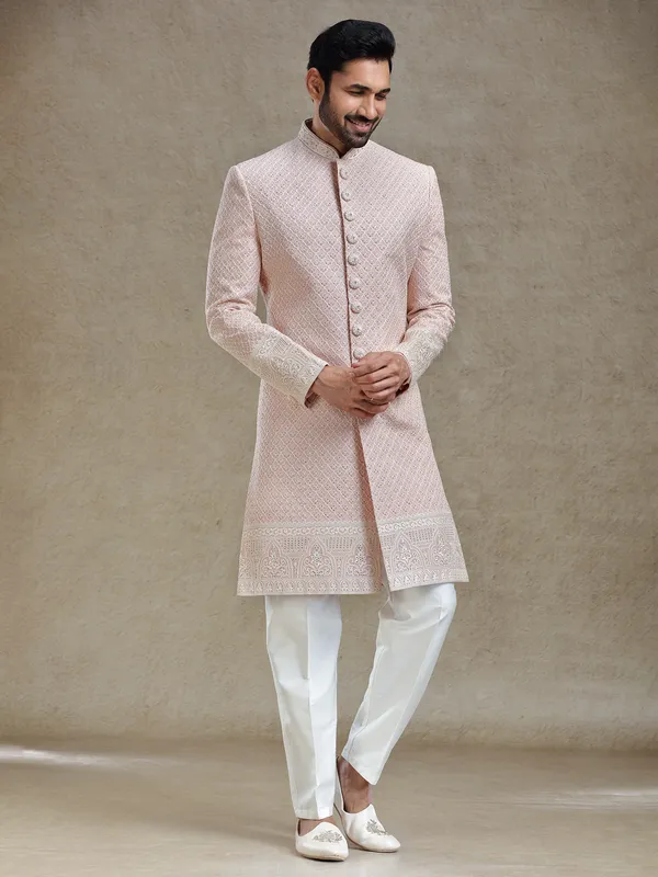 Pink silk wedding style long sherwani set