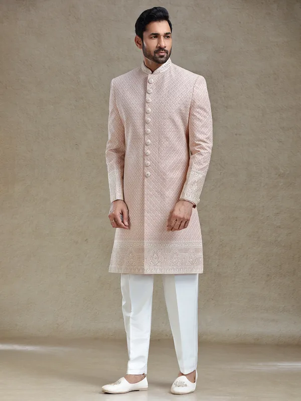 Pink silk wedding style long sherwani set