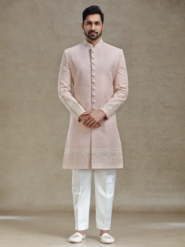 Pink silk wedding style long sherwani set