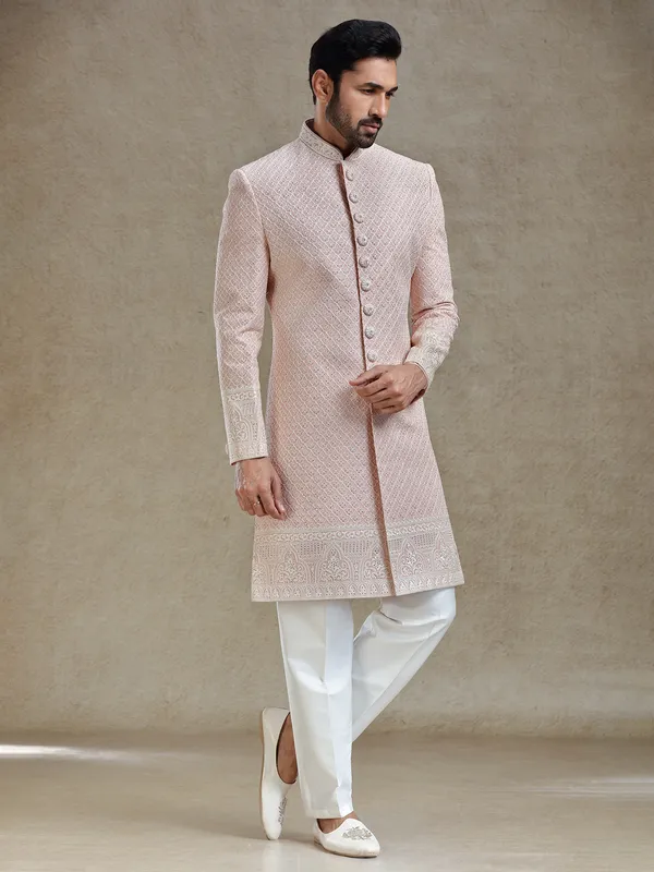 Pink silk wedding style long sherwani set