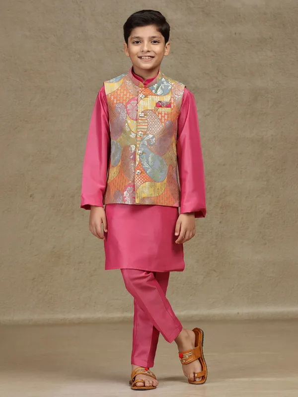 Pink silk wedding style waistcoat set for boys