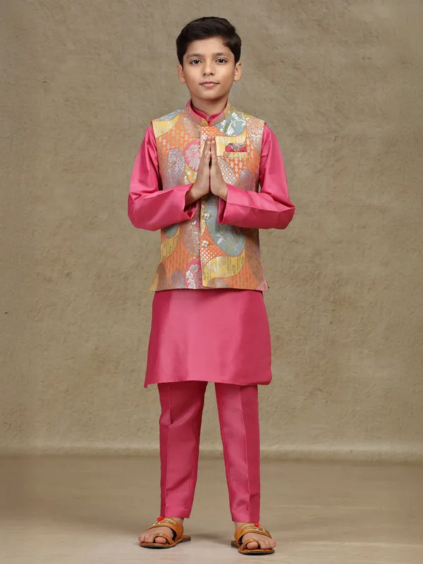 Pink silk wedding style waistcoat set for boys