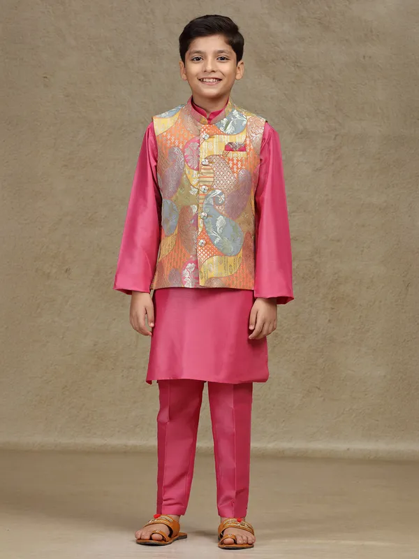 Pink silk wedding style waistcoat set for boys