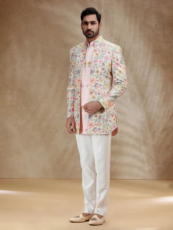 Pink silk wedding wear indowestern for men