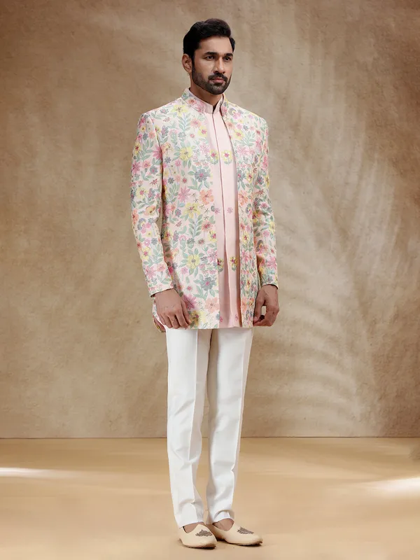 Pink silk wedding wear indowestern for men