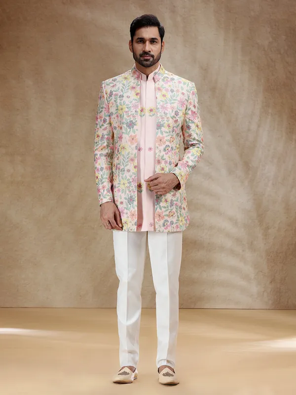 Pink silk wedding wear indowestern for men