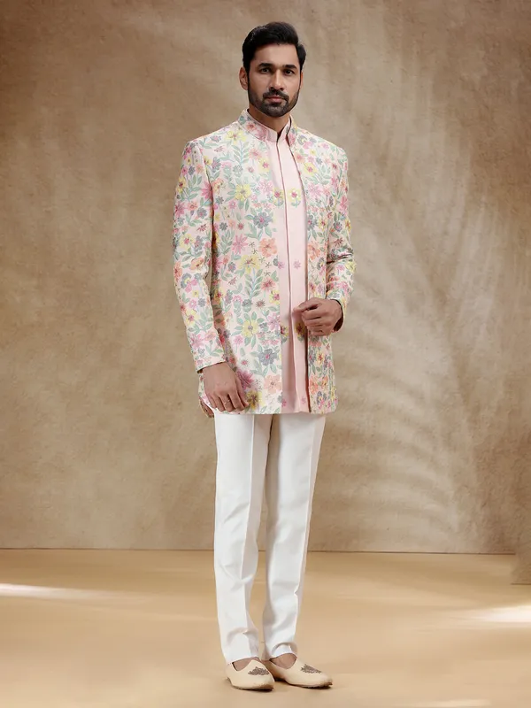 Pink silk wedding wear indowestern for men