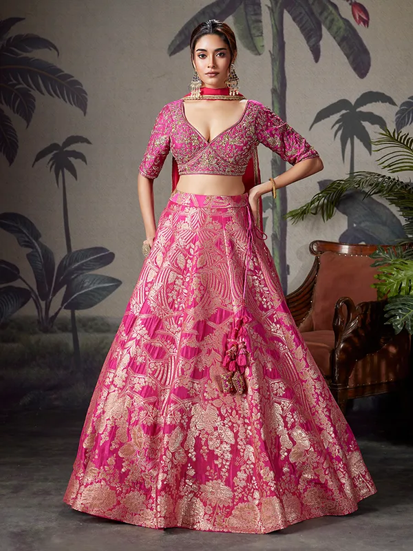Pink silk wedding wear lehenga choli with zari shine