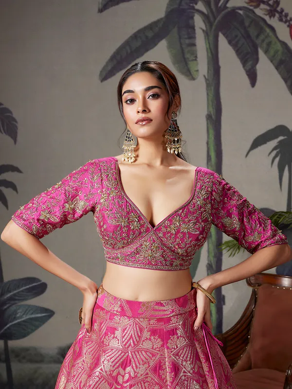 Pink silk wedding wear lehenga choli with zari shine