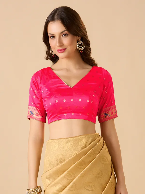 Pink silk zari ready made blouse with V neck