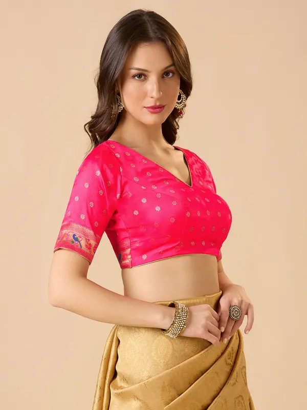 Pink silk zari ready made blouse with V neck