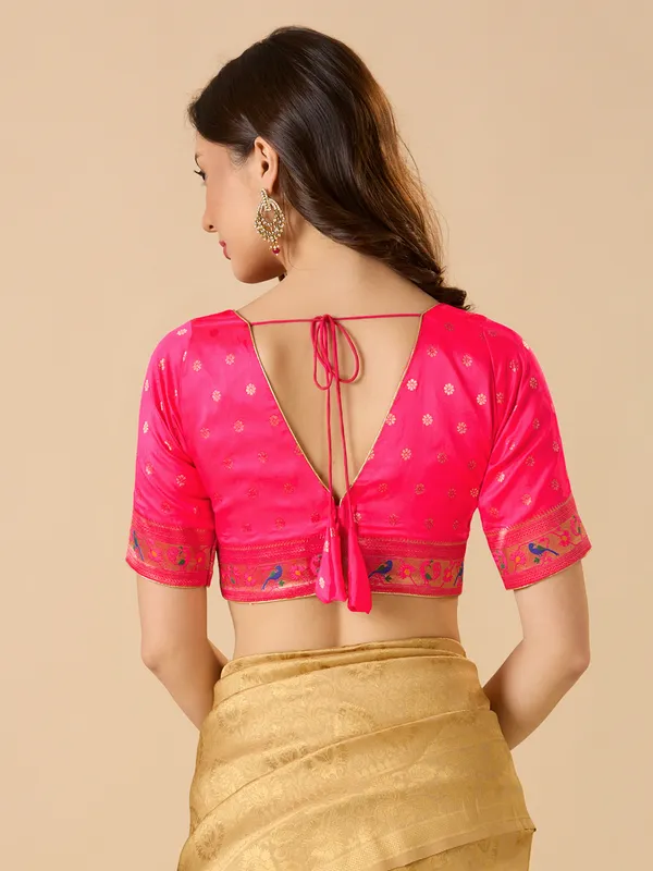Pink silk zari ready made blouse with V neck