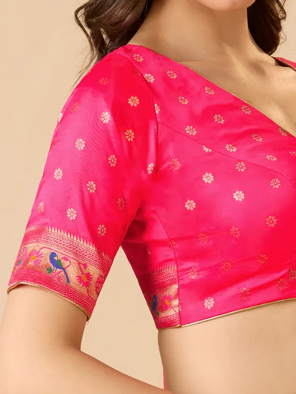 Pink silk zari ready made blouse with V neck