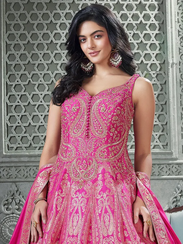 Pink silk zari worked floor length anarkali suit