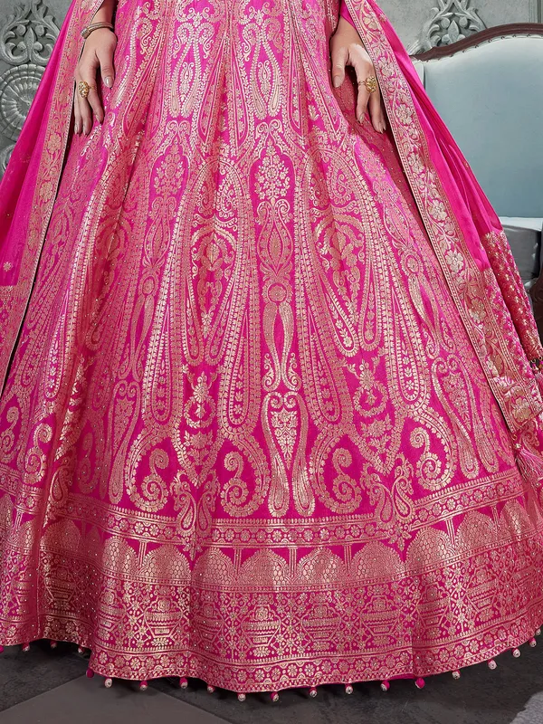 Pink silk zari worked floor length anarkali suit