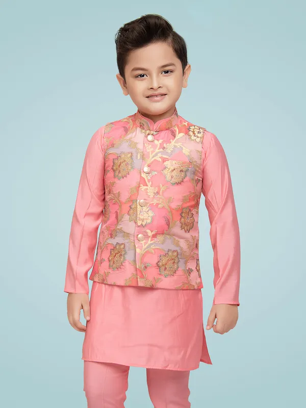 Pink silk zari woven waistcolat set