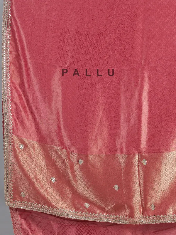 Pink soft tissue saree with cutdana V neck blouse