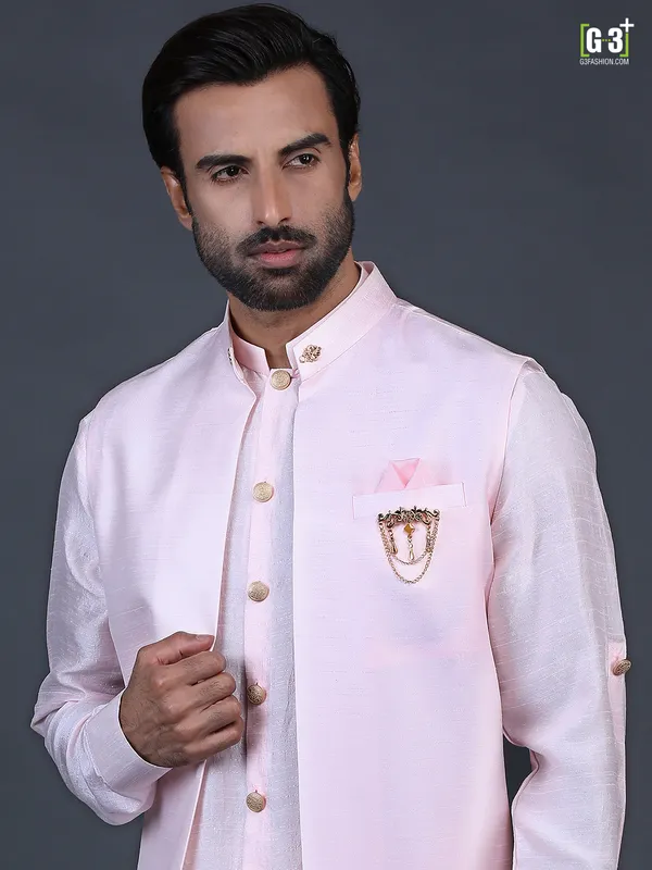 Pink solid cotton silk waistcoat set