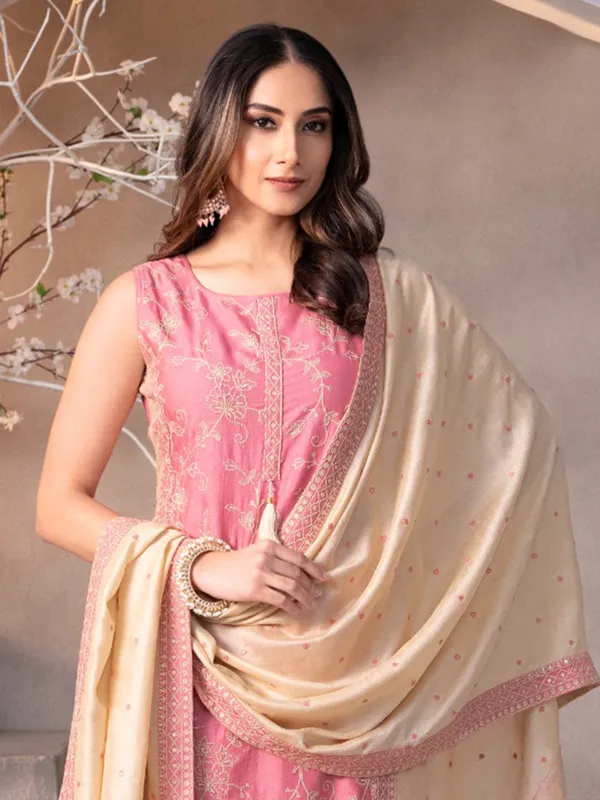 Pink straight cut silk salwar suit with dupatta