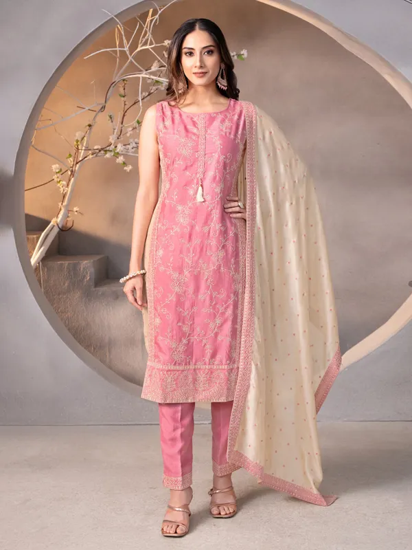 Pink straight cut silk salwar suit with dupatta
