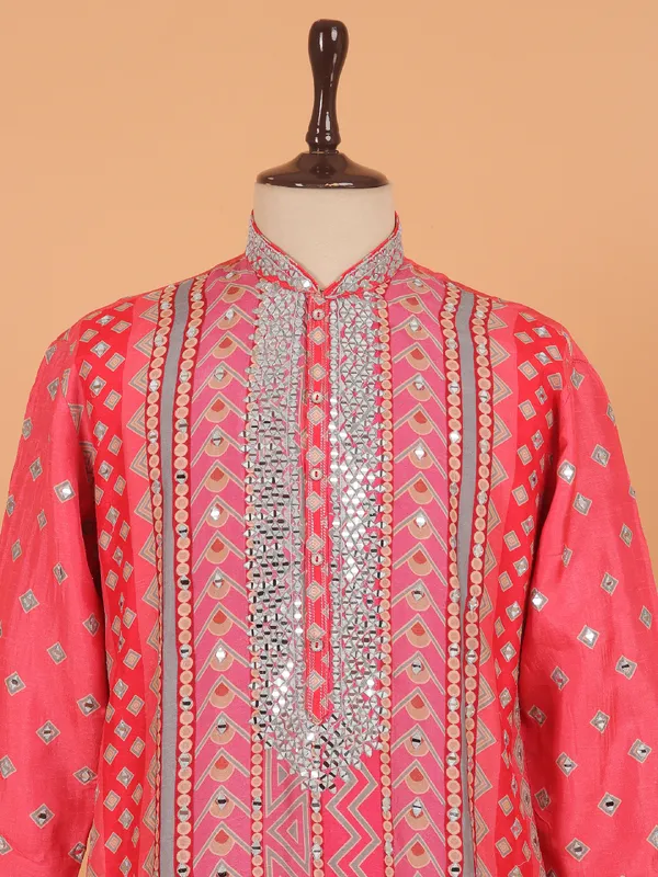 Pink stripe cotton festive kurta set for men
