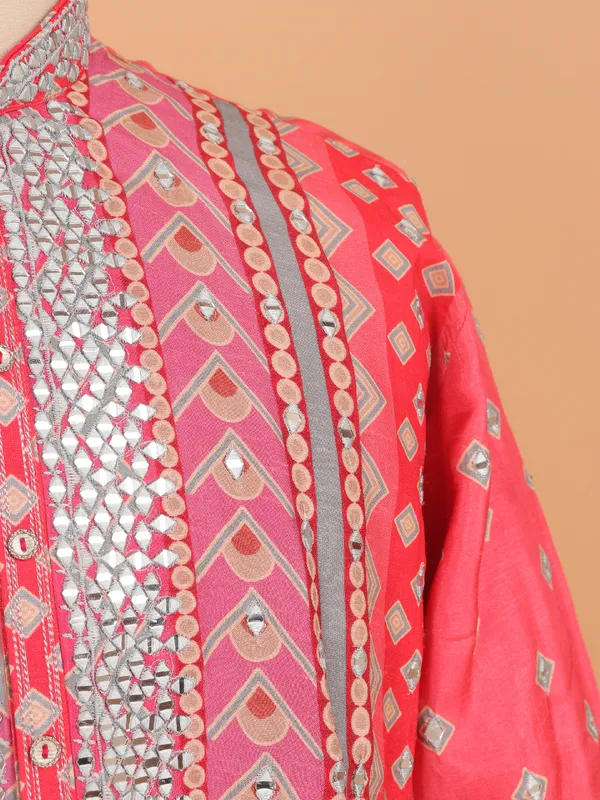Pink stripe cotton festive kurta set for men