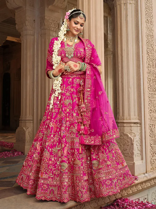 Pink thread work bridal lehenga in silk
