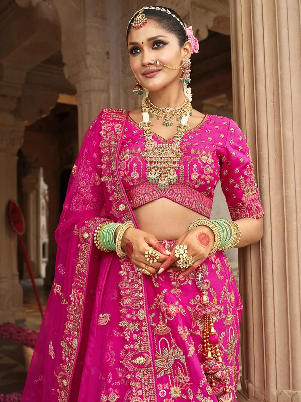 Pink thread work bridal lehenga in silk