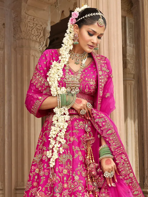 Pink thread work bridal lehenga in silk