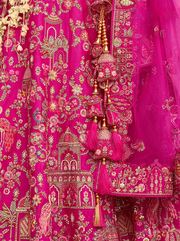 Pink thread work bridal lehenga in silk