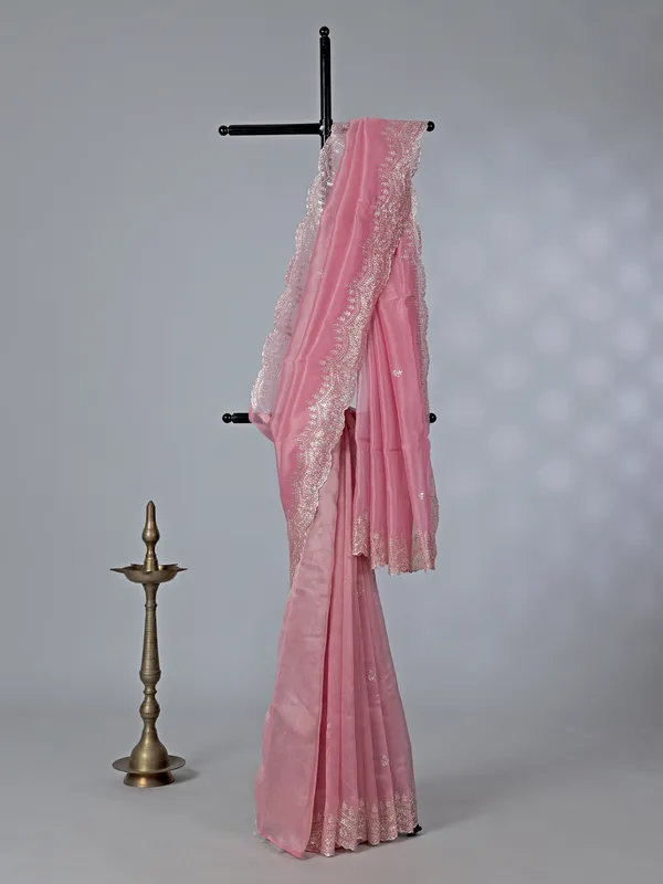 Pink thread work organza saree for weddings