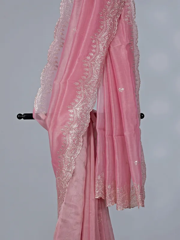 Pink thread work organza saree for weddings