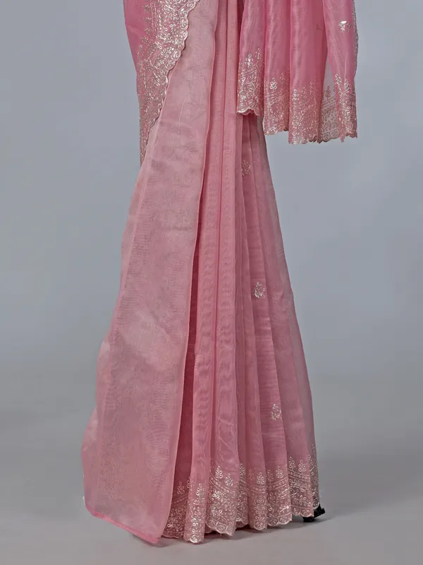 Pink thread work organza saree for weddings