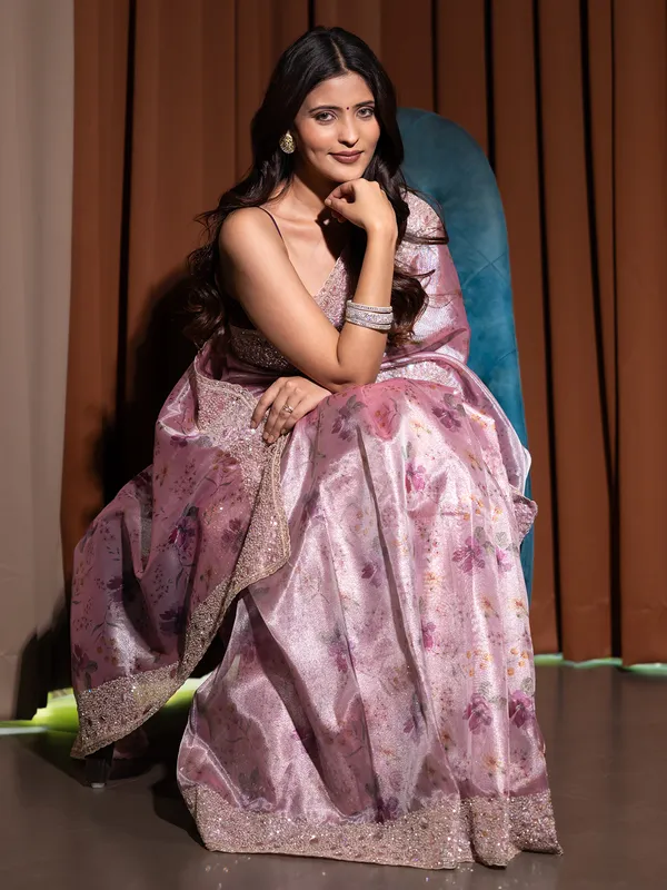 Pink tissue silk printed saree for wedding