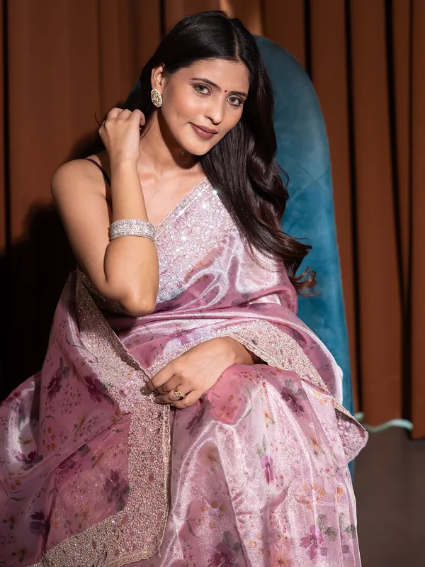 Pink tissue silk printed saree for wedding