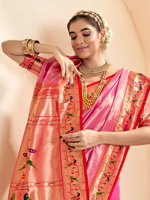 Pink tissue silk saree with contrast border