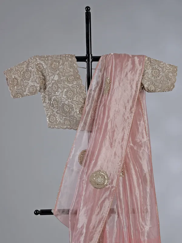 Pink tissue silk saree with gota and beads work