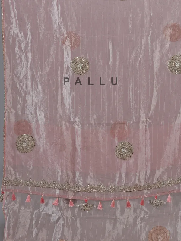 Pink tissue silk saree with gota and beads work