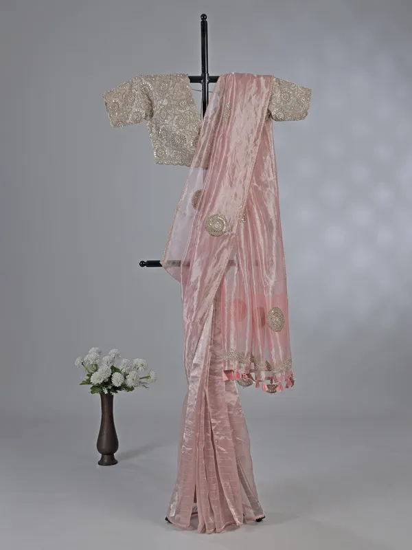 Pink tissue silk saree with gota and beads work