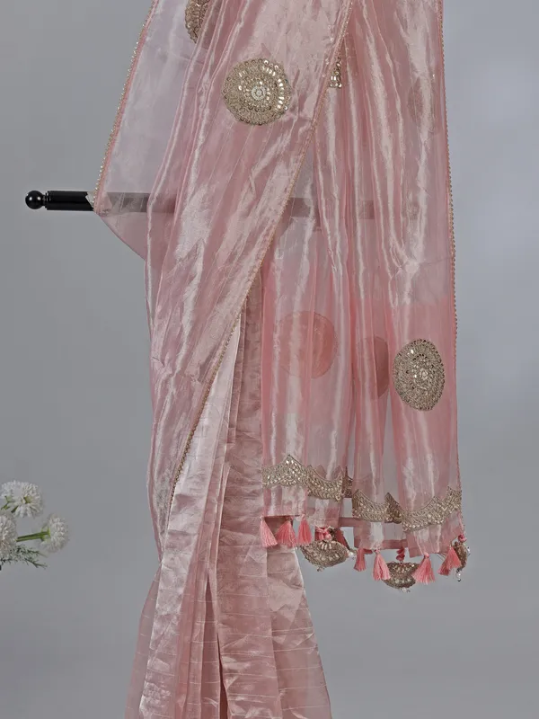 Pink tissue silk saree with gota and beads work