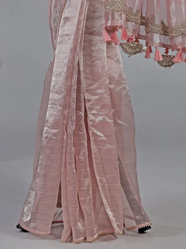 Pink tissue silk saree with gota and beads work