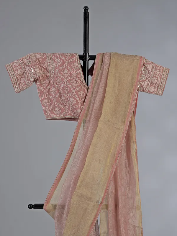 Pink tissue silk saree with intricate embroidery